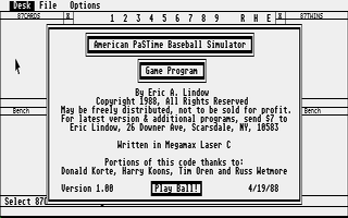 Screenshot of American Pastime Baseball Simulator