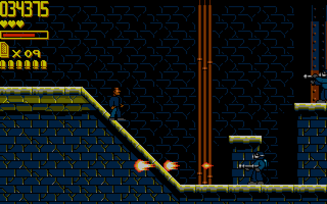 Playing mission 2 as Murtaugh. Now the scenery even becomes your enemy, with exploding barrels, gushing sewer pipes ...