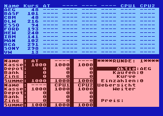 A screenshot of 'Boersenspiel', the stock exchange emulator Eckhart created on the Atari 800.