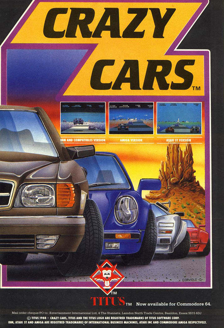 The Crazy Cars box art. The boxes were produced in the same building where Titus had their office. When Alain saw the vast amount of boxes being made ready for shipping, he knew the game was selling well...