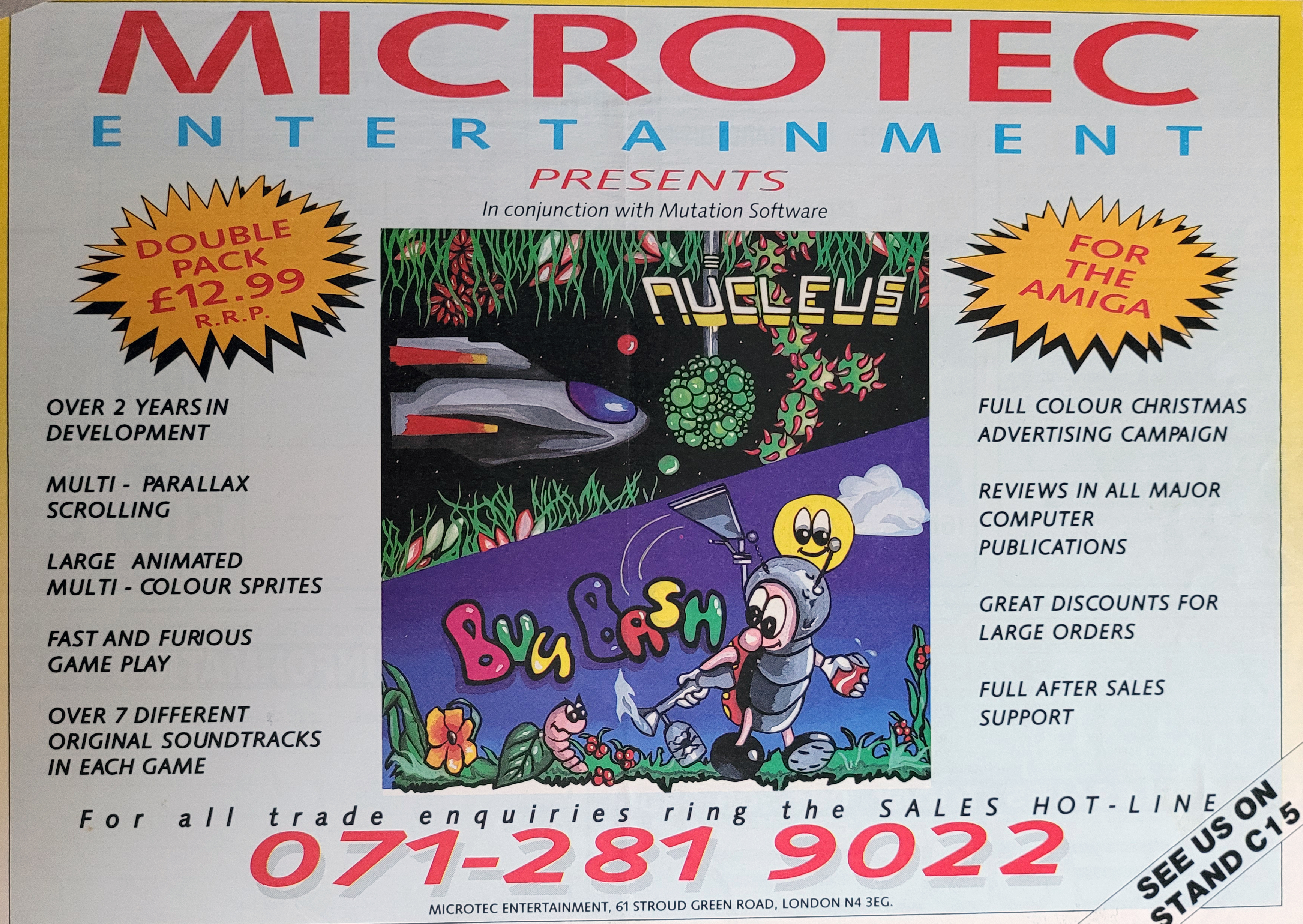 On the Amiga, Bug Bash was released by Microtec as a double pack offering, containing another game made by Adrian. Nucleus was a beautiful side-scrolling shooter.