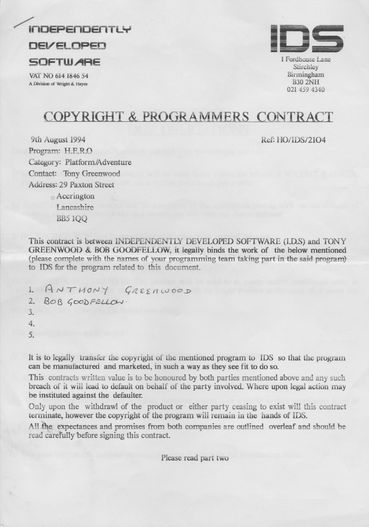 A page from the contract with IDS, the publisher that was supposed to release the game H.E.R.O.