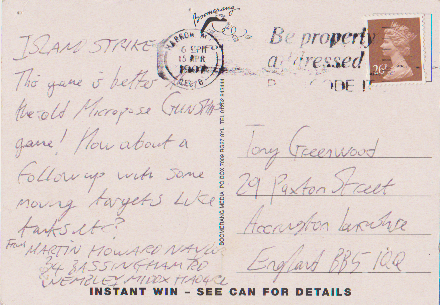 Fanmail for his game Island Strike.