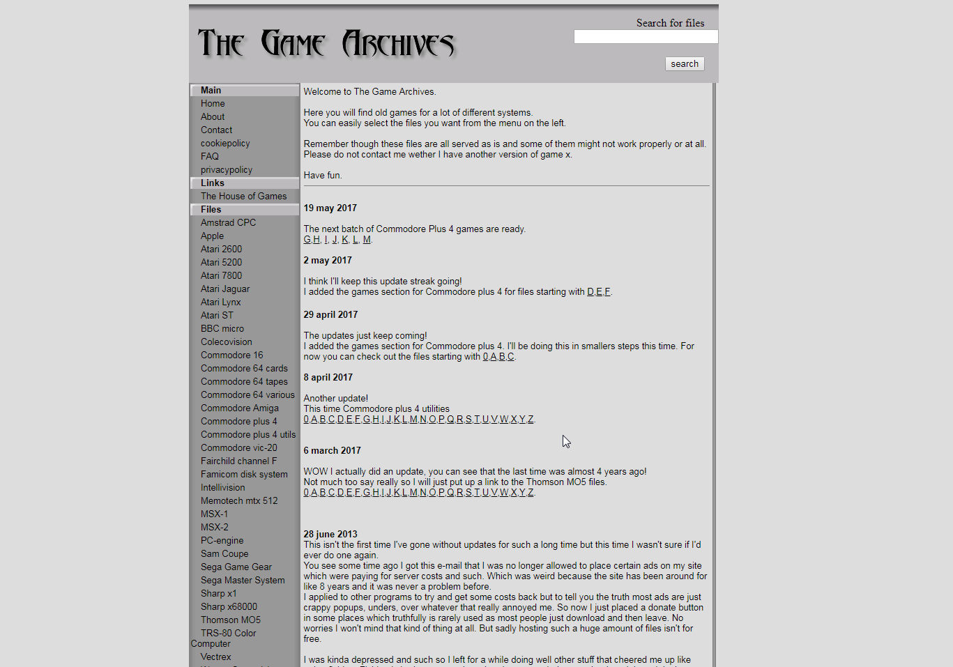Screenshot of the website The Games Archives