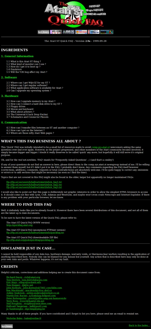 Screenshot of website Atari ST Quick FAQ
